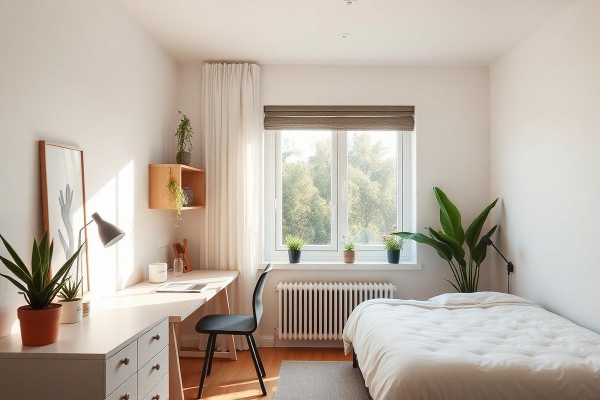 A bright, furnished student room with a desk and large window